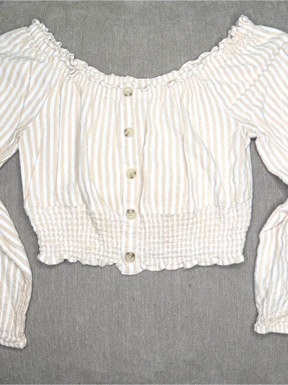 Aeropostale Cream & White Striped Off-Shoulder Button Crop Top